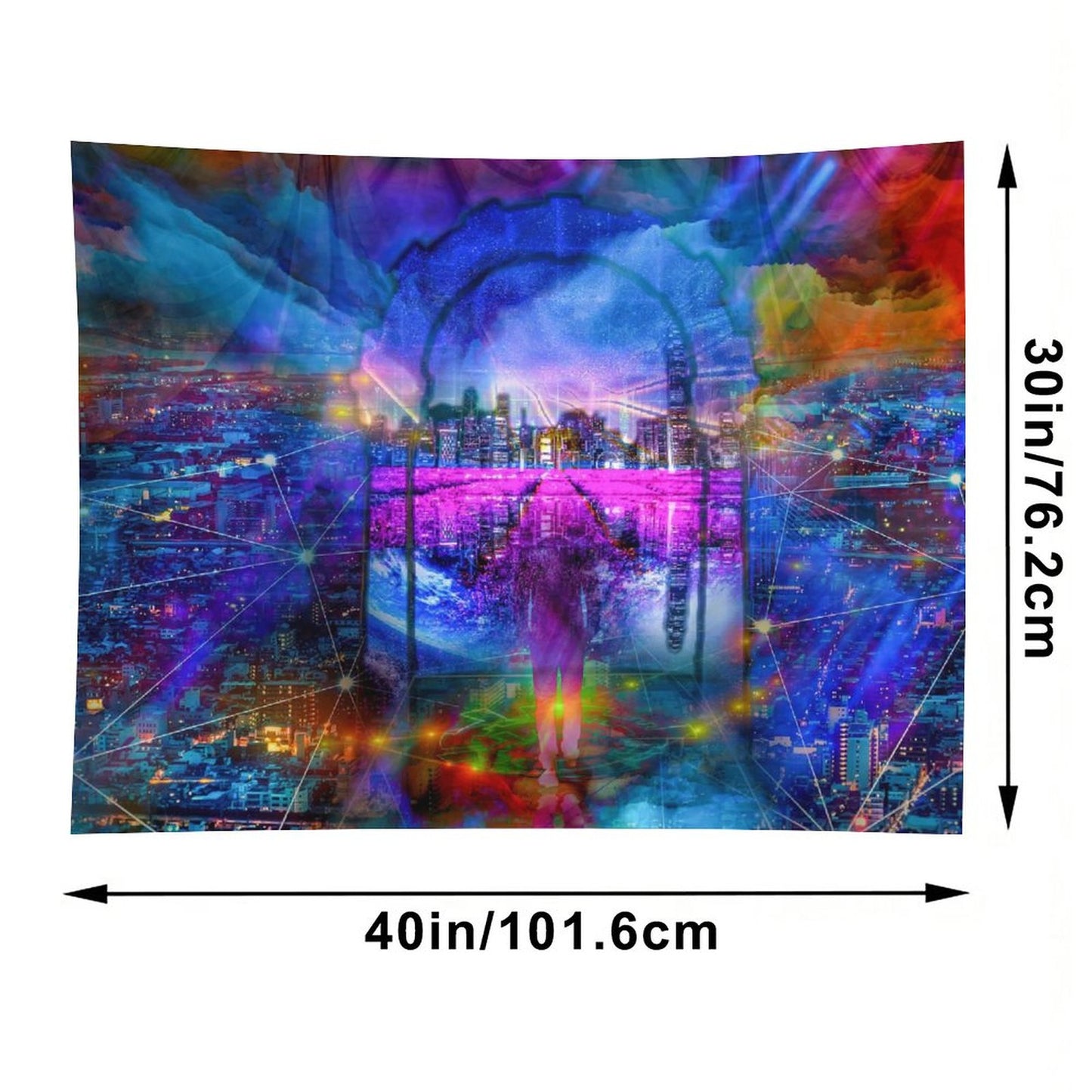 City of Threads psychedelic tapestry, a figure in a stone arch above a night city with constellation lines linking the lights