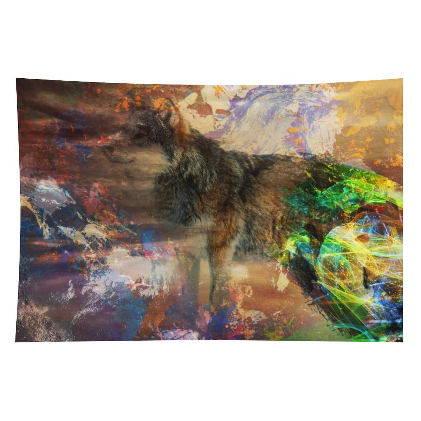 Energy Wolf psychedelic tapestry, a wolf standing in earth tones with a burst of spectrum breaking across its side