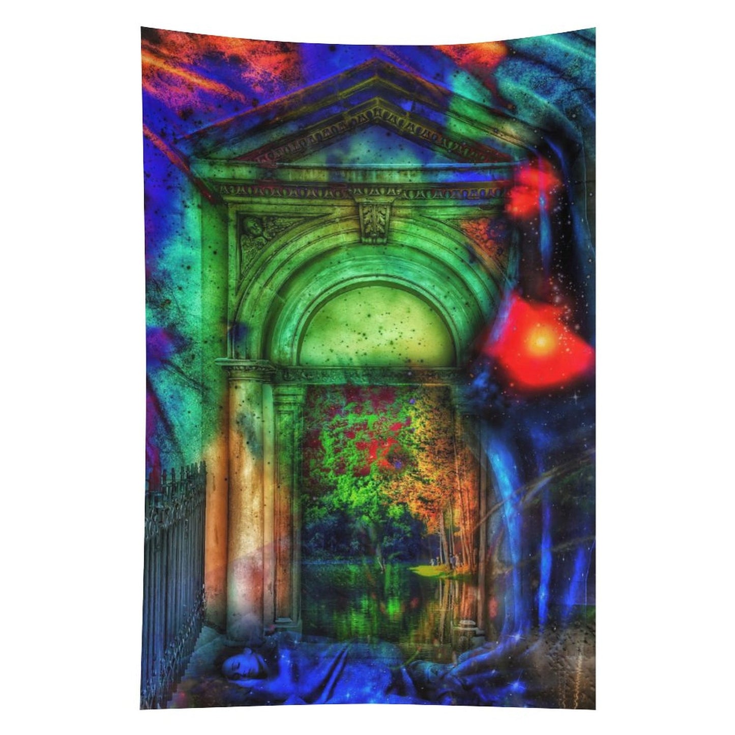 Threshold of Moss psychedelic tapestry, a stone archway lit green from within with overgrowth spilling through the opening
