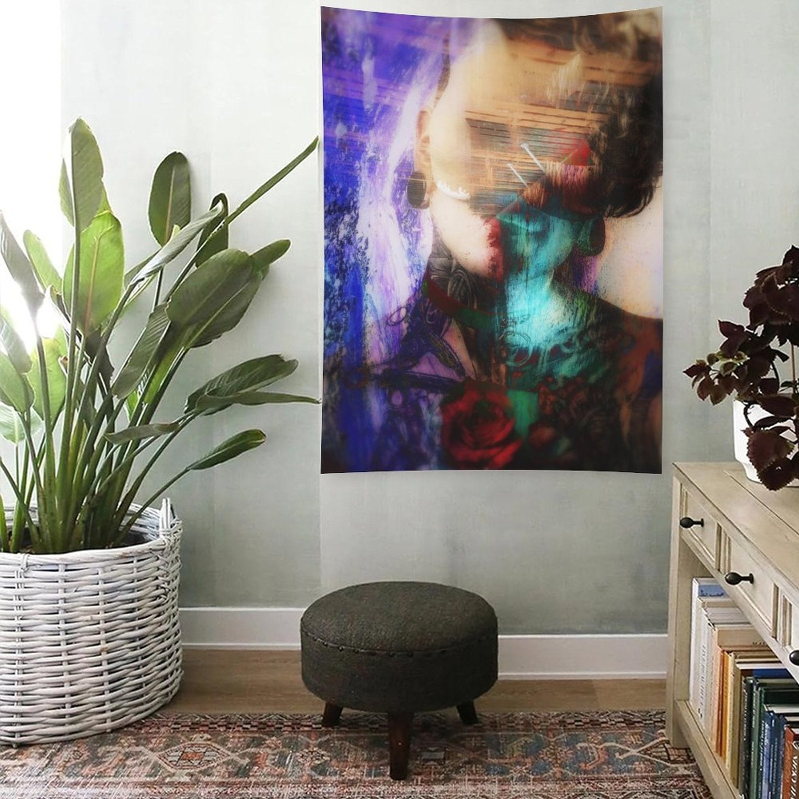 Quiet Weather psychedelic tapestry, a portrait with closed eyes double exposed with a rose in teal and crimson washes