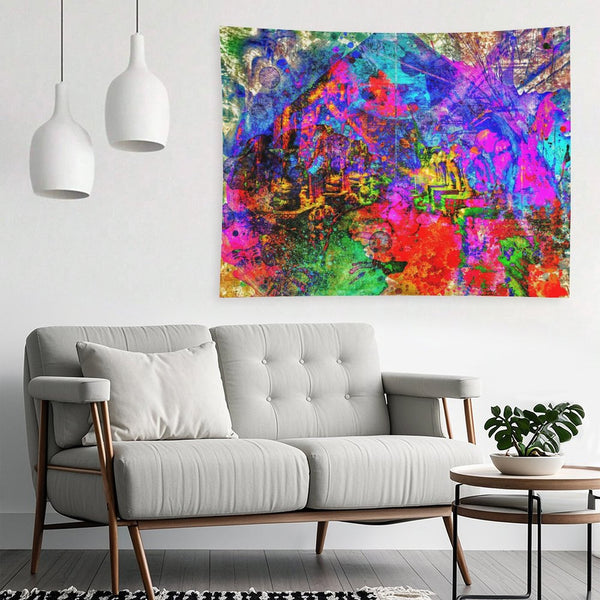 Riot Valley psychedelic tapestry, full spectrum color over a suggested mountain valley with drips and saturated overspray