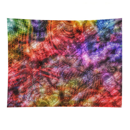 Scarlet Weave psychedelic tapestry, dense layered crimson and violet with scale and textile textures folded together