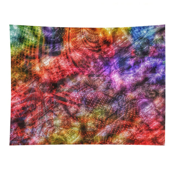 Scarlet Weave psychedelic tapestry, dense layered crimson and violet with scale and textile textures folded together