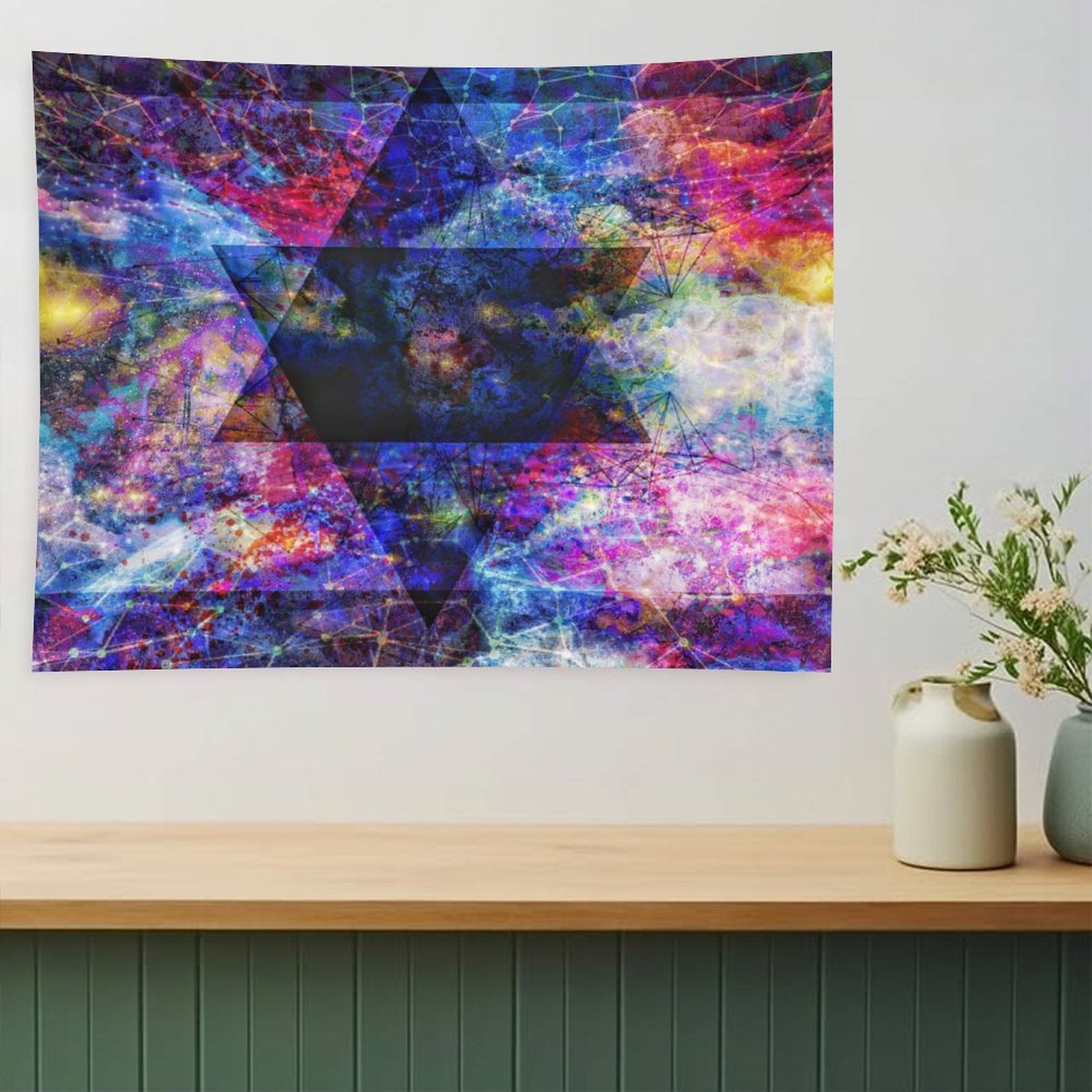 As Above psychedelic tapestry, interlocked hexagram geometry laid over a magenta and gold nebula