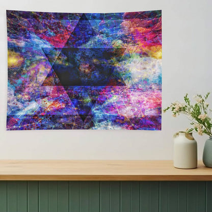 As Above psychedelic tapestry, interlocked hexagram geometry laid over a magenta and gold nebula
