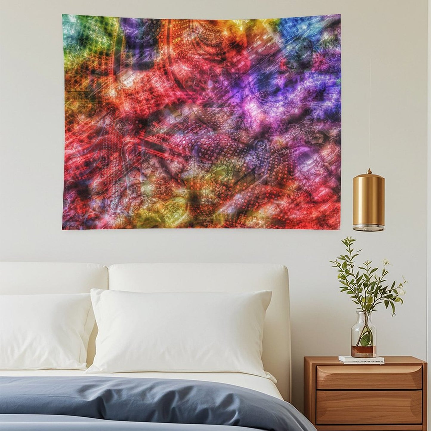Scarlet Weave psychedelic tapestry, dense layered crimson and violet with scale and textile textures folded together