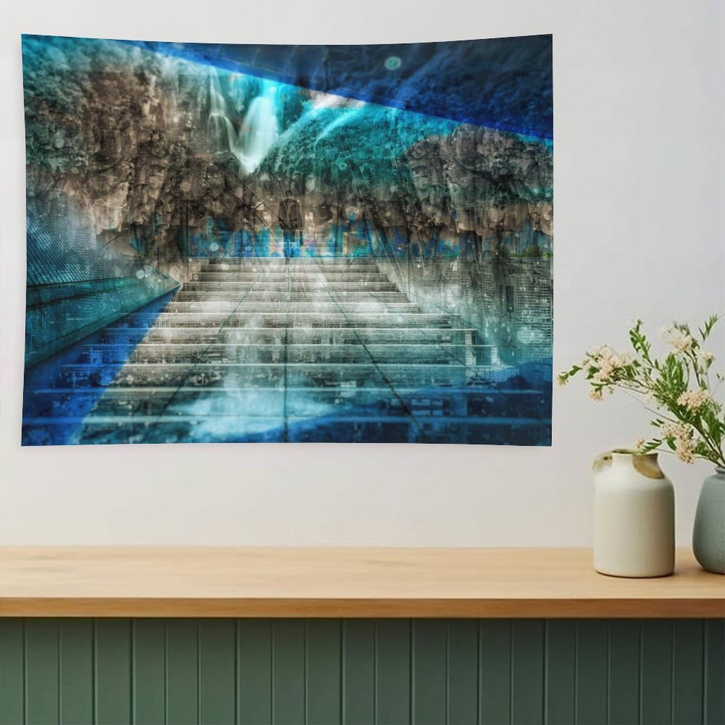 Distant Traveller psychedelic tapestry, a wide stair rising into a cavern with a waterfall and cold blue light overhead