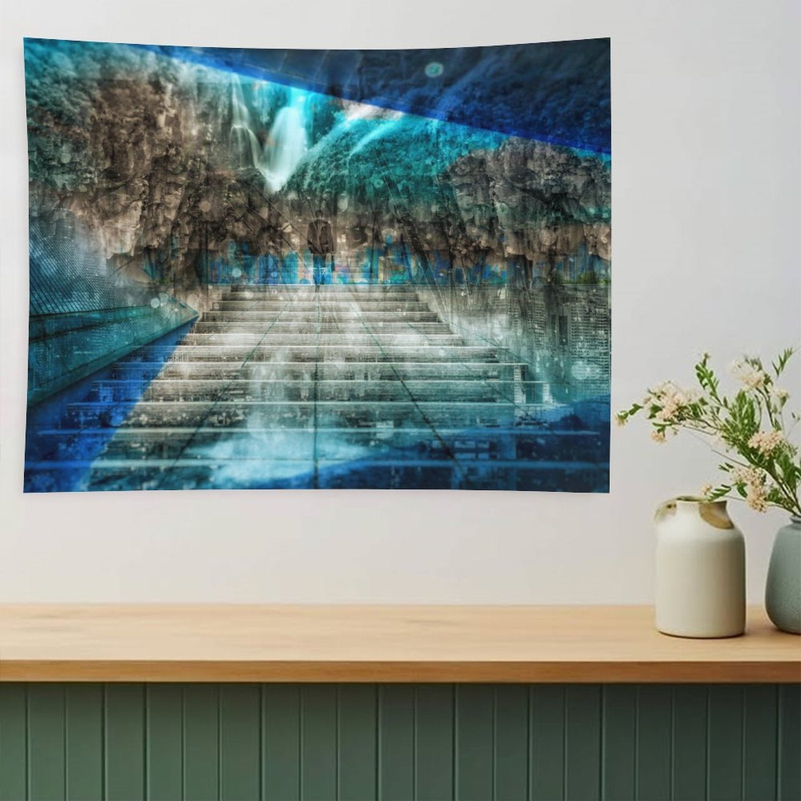 Distant Traveller psychedelic tapestry, a wide stair rising into a cavern with a waterfall and cold blue light overhead