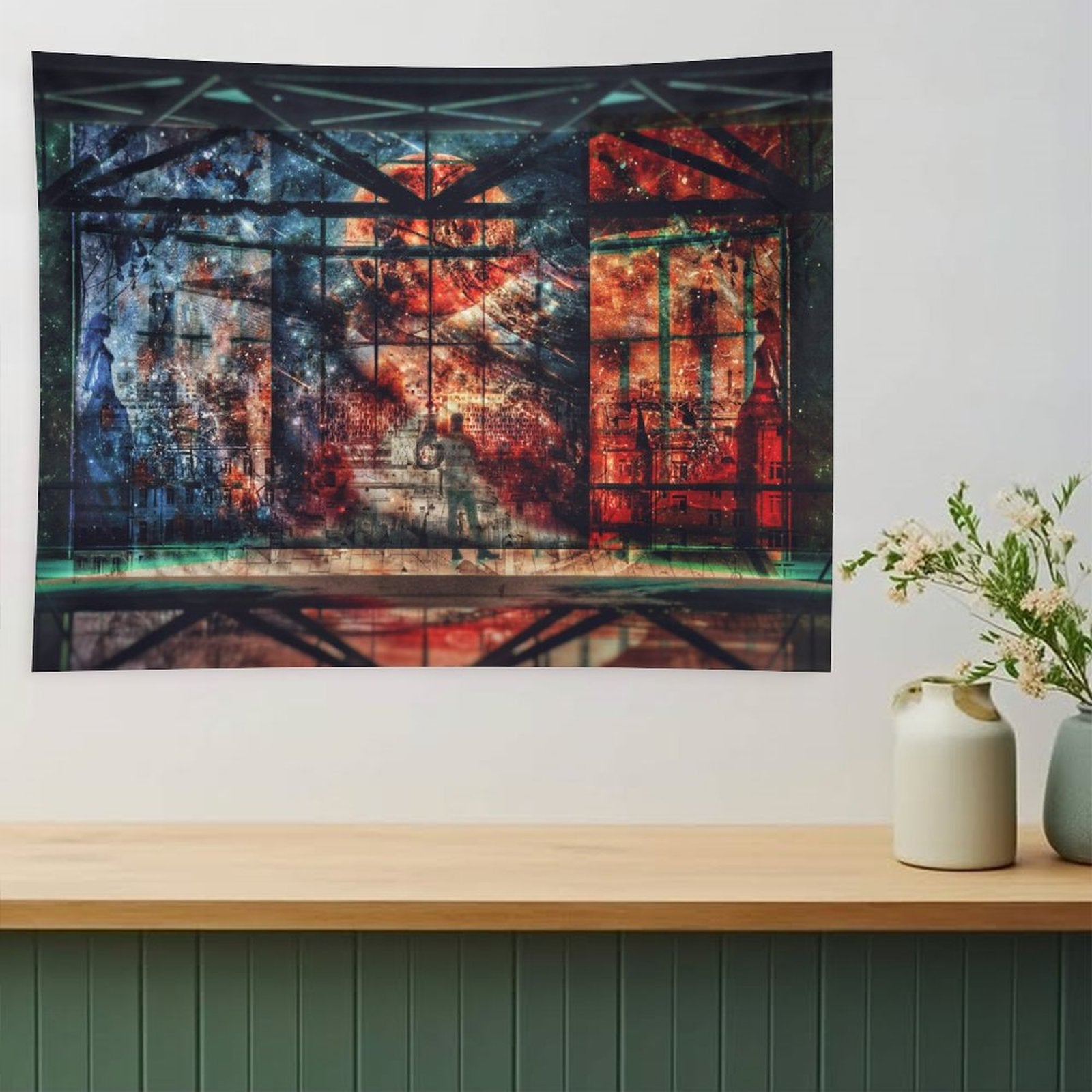 Our Shared Spaces psychedelic tapestry, a steel framed hall opening onto a red and blue starfield with one figure on the floor