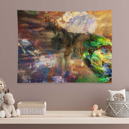 Energy Wolf psychedelic tapestry, a wolf standing in earth tones with a burst of spectrum breaking across its side