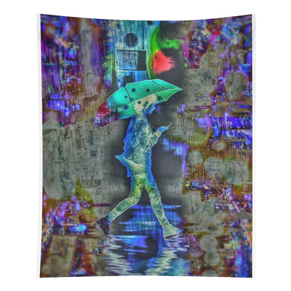 Rainy Days psychedelic tapestry, a figure with a teal umbrella crossing a flooded street over a collaged newsprint ground