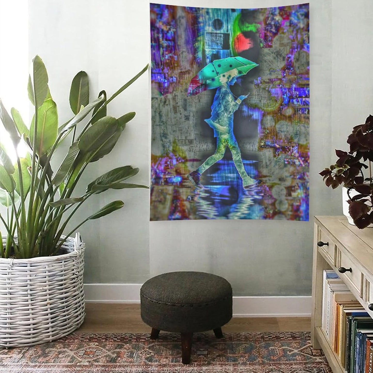 Rainy Days psychedelic tapestry, a figure with a teal umbrella crossing a flooded street over a collaged newsprint ground