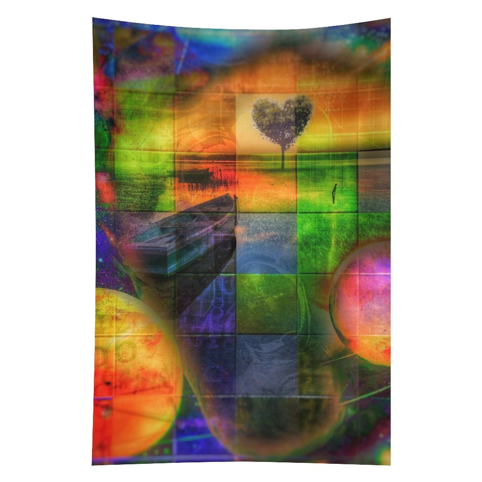 Heart Field psychedelic tapestry, a quilted grid of green and orange panels with a heart shaped tree and two planets