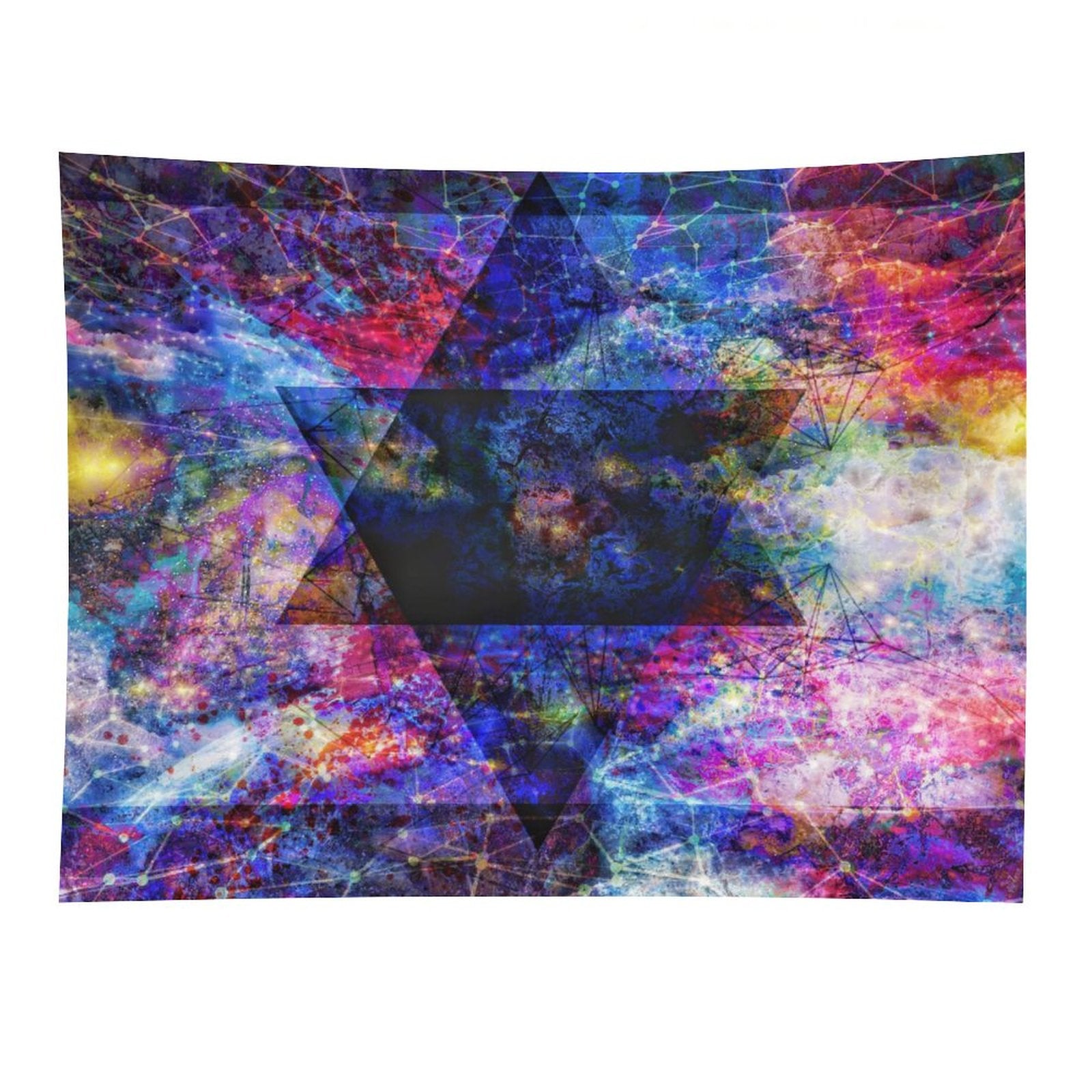 As Above psychedelic tapestry, interlocked hexagram geometry laid over a magenta and gold nebula