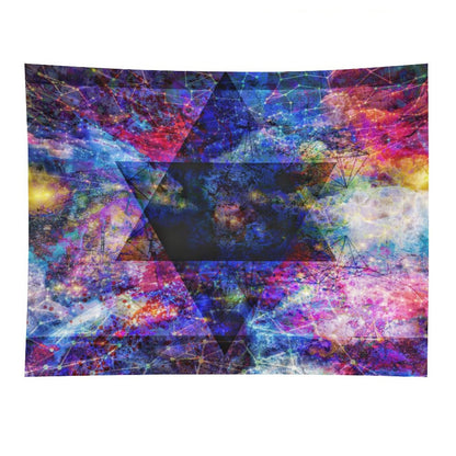 As Above psychedelic tapestry, interlocked hexagram geometry laid over a magenta and gold nebula