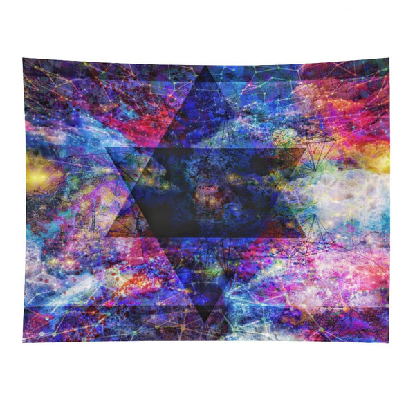 As Above psychedelic tapestry, interlocked hexagram geometry laid over a magenta and gold nebula