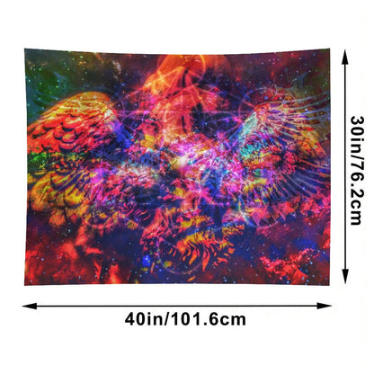 Ashwing psychedelic tapestry, a winged figure of fire and coral with wings spread against a deep starfield