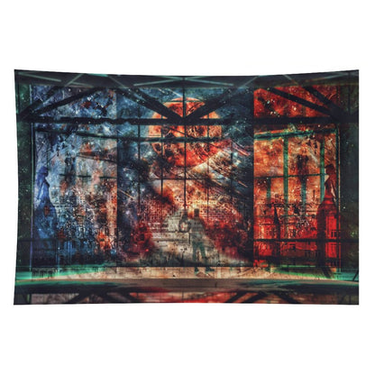 Our Shared Spaces psychedelic tapestry, a steel framed hall opening onto a red and blue starfield with one figure on the floor