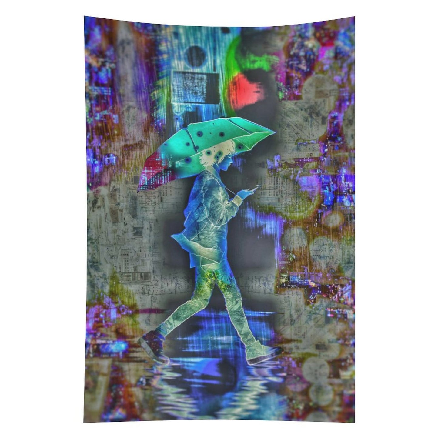Rainy Days psychedelic tapestry, a figure with a teal umbrella crossing a flooded street over a collaged newsprint ground