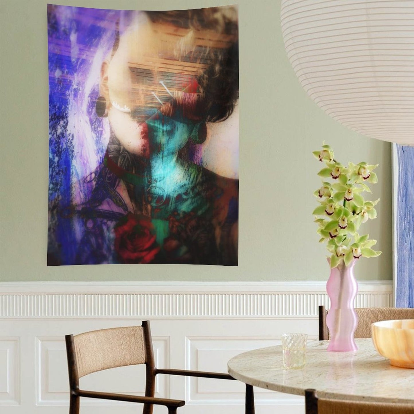 Quiet Weather psychedelic tapestry, a portrait with closed eyes double exposed with a rose in teal and crimson washes