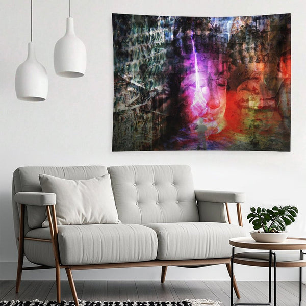 The Patient Fire psychedelic tapestry, layered stone faces with a magenta flame rising through the center