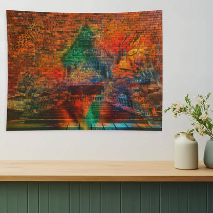 The Kiln psychedelic tapestry, a glowing triangular temple form set into a brick wall above a reflective floor