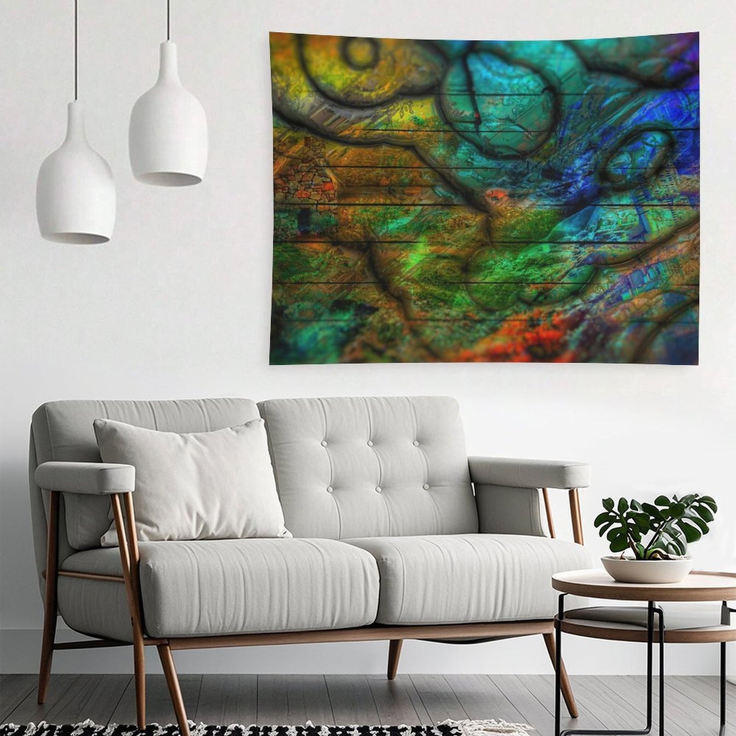 Strata Bloom psychedelic tapestry, cellular and geological strata in teal, ochre and green mapped like a cross section