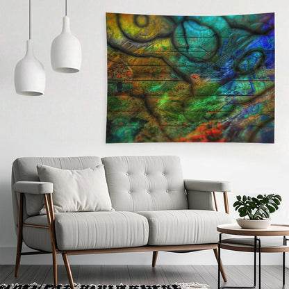 Strata Bloom psychedelic tapestry, cellular and geological strata in teal, ochre and green mapped like a cross section