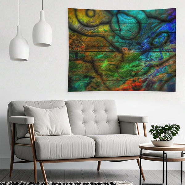 Strata Bloom psychedelic tapestry, cellular and geological strata in teal, ochre and green mapped like a cross section
