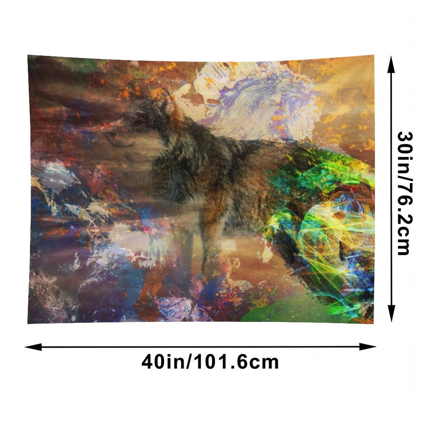 Energy Wolf psychedelic tapestry, a wolf standing in earth tones with a burst of spectrum breaking across its side