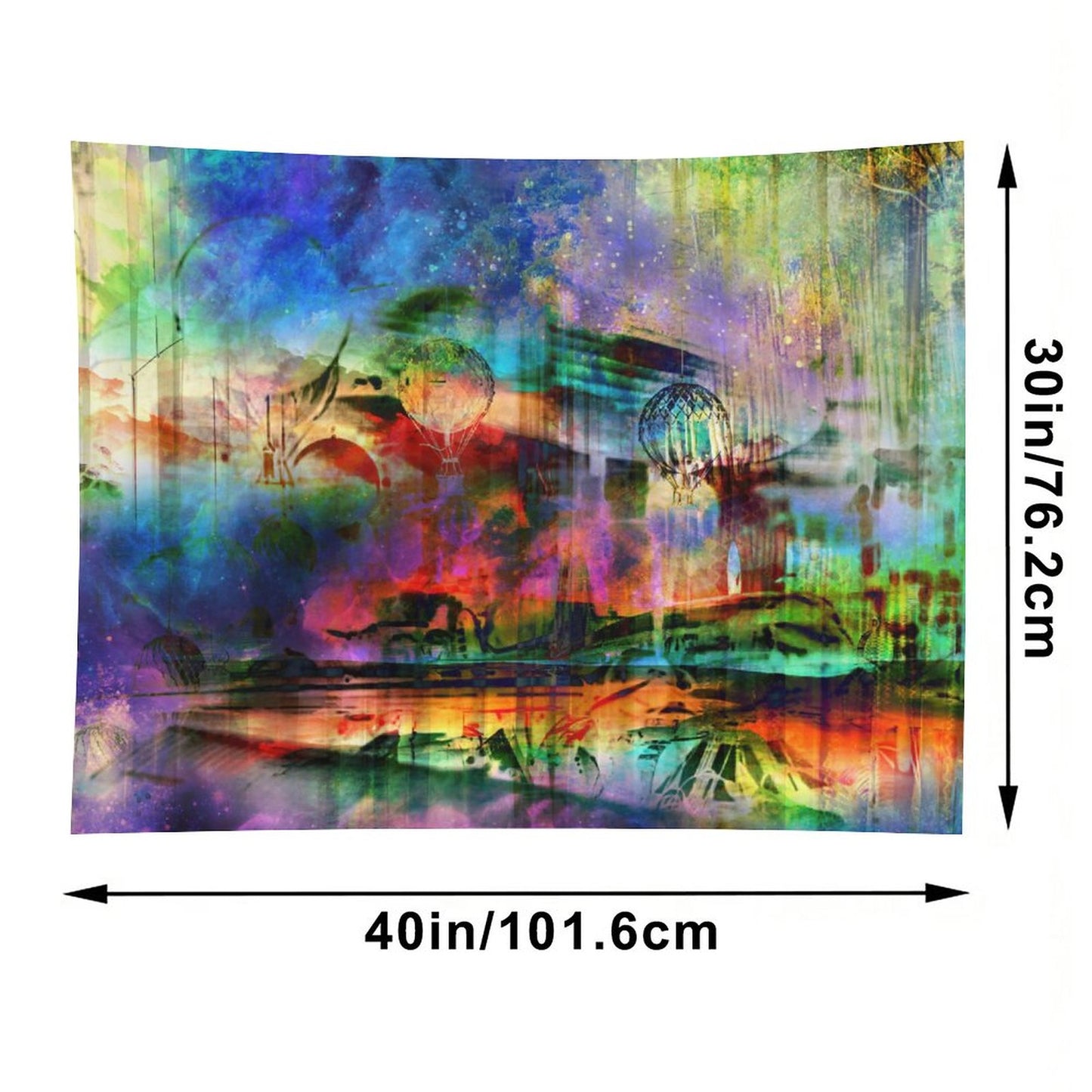 The Slow Crossing psychedelic tapestry, a pastel dreamscape with airships and balloons drifting above still water