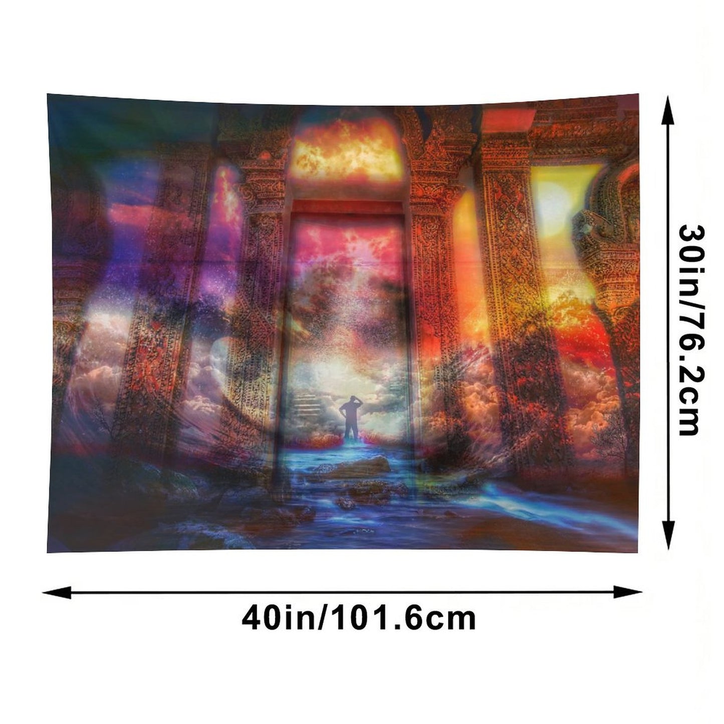 Temple of Return psychedelic tapestry, an ornate gold and crimson temple interior with a figure climbing steps toward the light