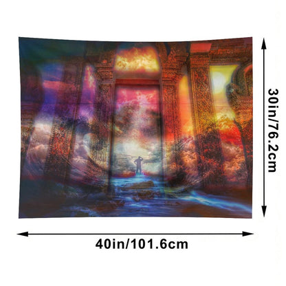 Temple of Return psychedelic tapestry, an ornate gold and crimson temple interior with a figure climbing steps toward the light