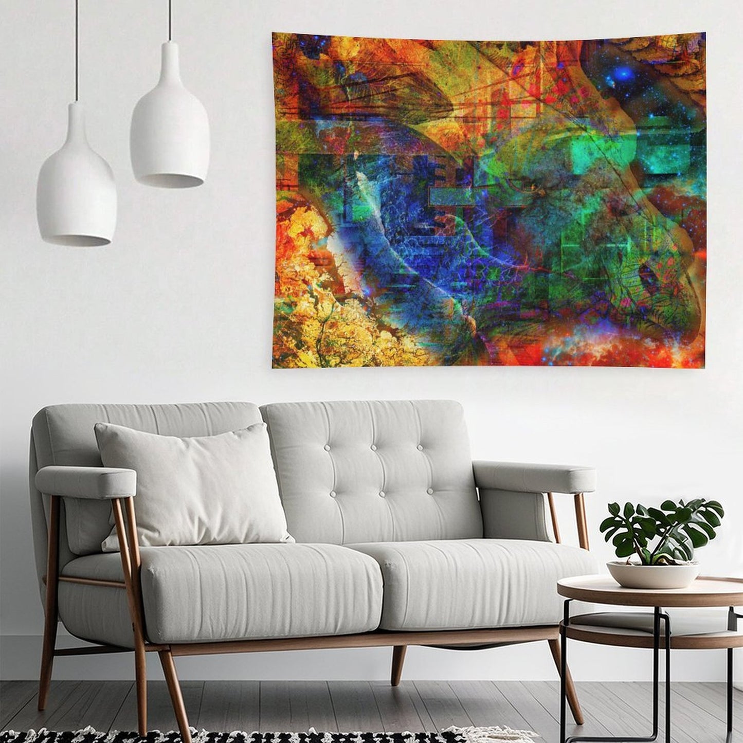 Of The Soul psychedelic tapestry, an ochre and cobalt field broken by green blocks and a scatter of deep space