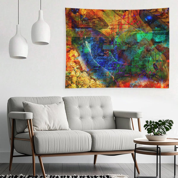 Of The Soul psychedelic tapestry, an ochre and cobalt field broken by green blocks and a scatter of deep space