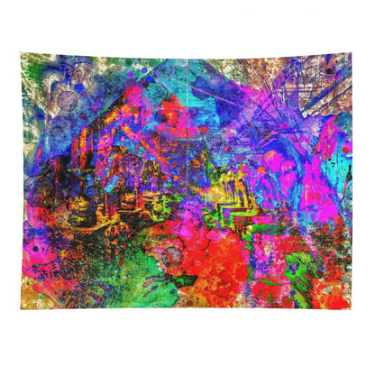 Riot Valley psychedelic tapestry, full spectrum color over a suggested mountain valley with drips and saturated overspray