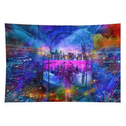 City of Threads psychedelic tapestry, a figure in a stone arch above a night city with constellation lines linking the lights