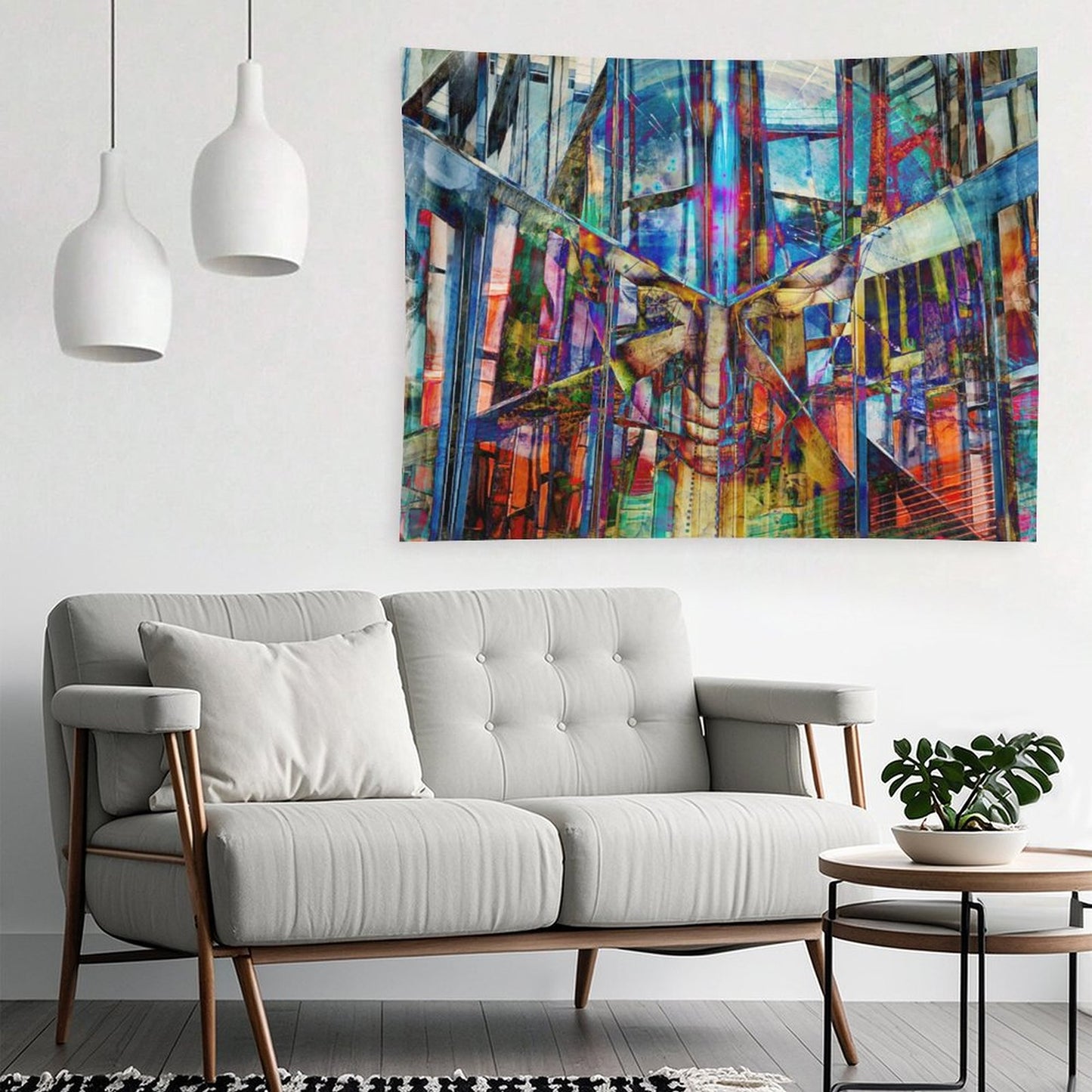 The Fold psychedelic tapestry, a mirrored urban corridor folded into kaleidoscope with stained glass color