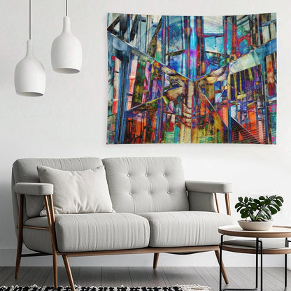 The Fold psychedelic tapestry, a mirrored urban corridor folded into kaleidoscope with stained glass color