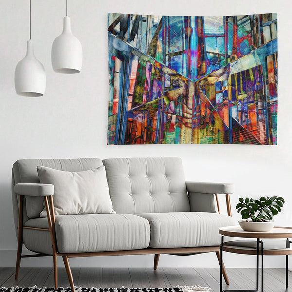The Fold psychedelic tapestry, a mirrored urban corridor folded into kaleidoscope with stained glass color