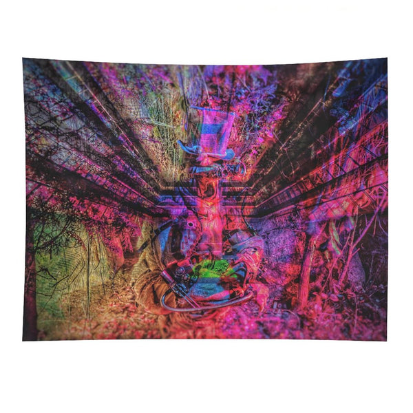The Reclaiming psychedelic tapestry, abandoned machinery swallowed by a magenta forest with branches radiating outward