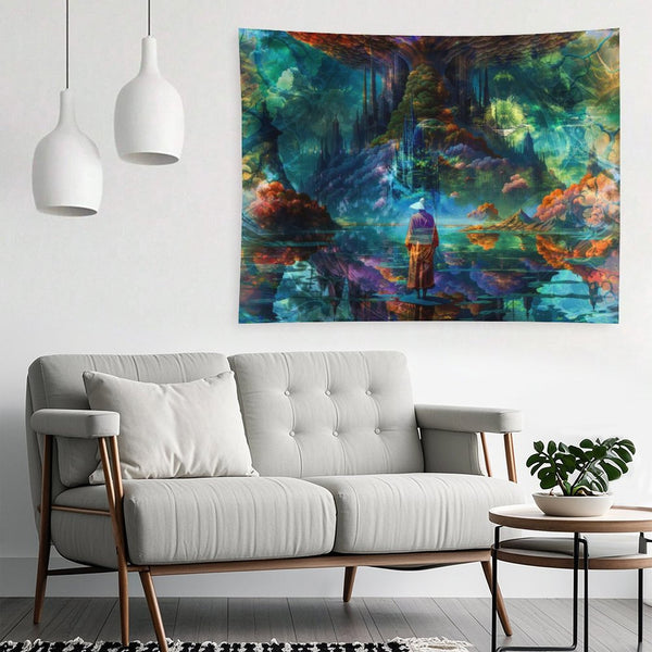The Verdant Monolith psychedelic tapestry, a robed figure at still water beneath a vast tree with coral colored foliage