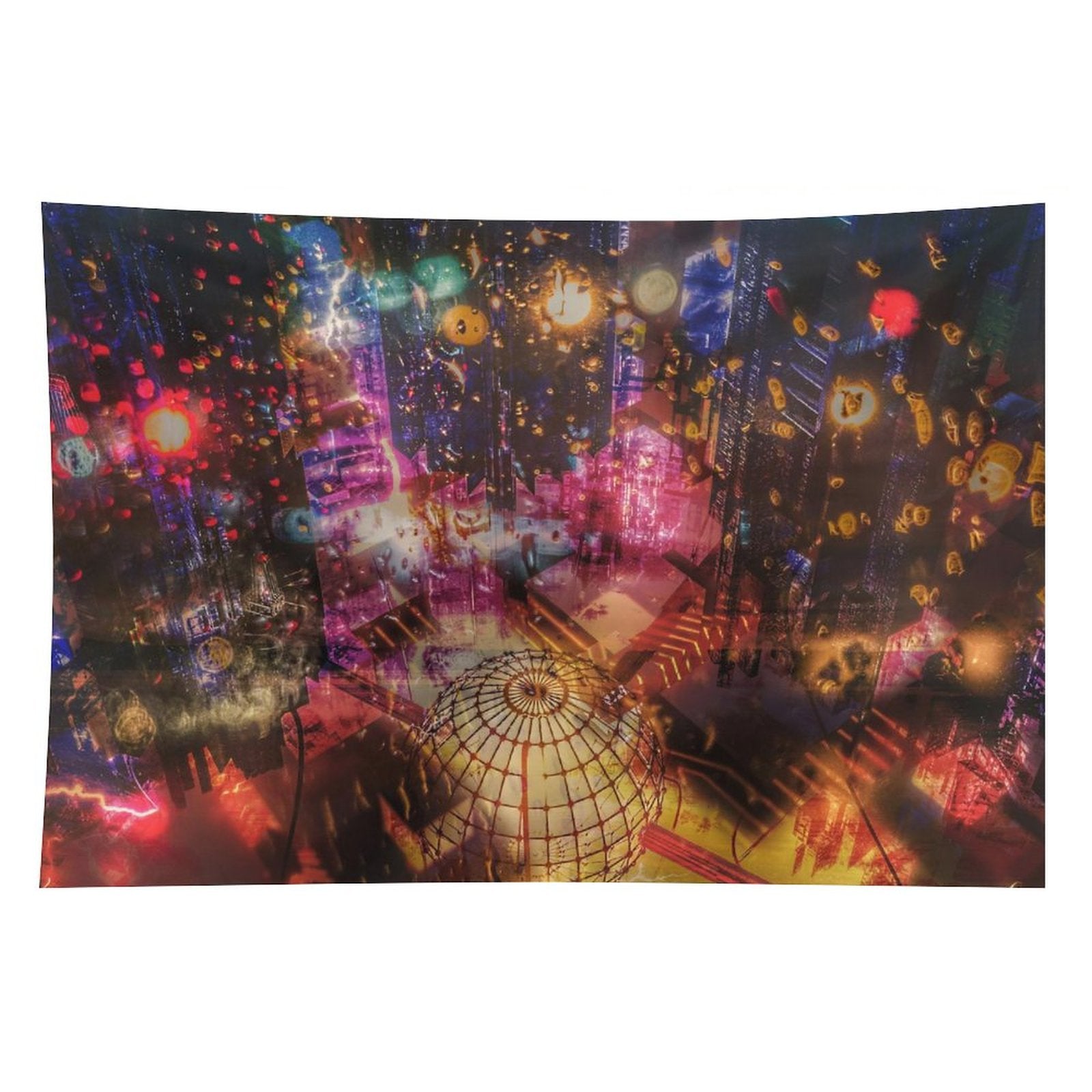 The Orrery psychedelic tapestry, a night city from above in warm bokeh with a brass armillary sphere across the foreground