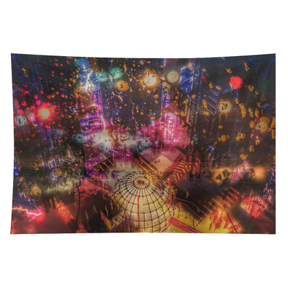 The Orrery psychedelic tapestry, a night city from above in warm bokeh with a brass armillary sphere across the foreground