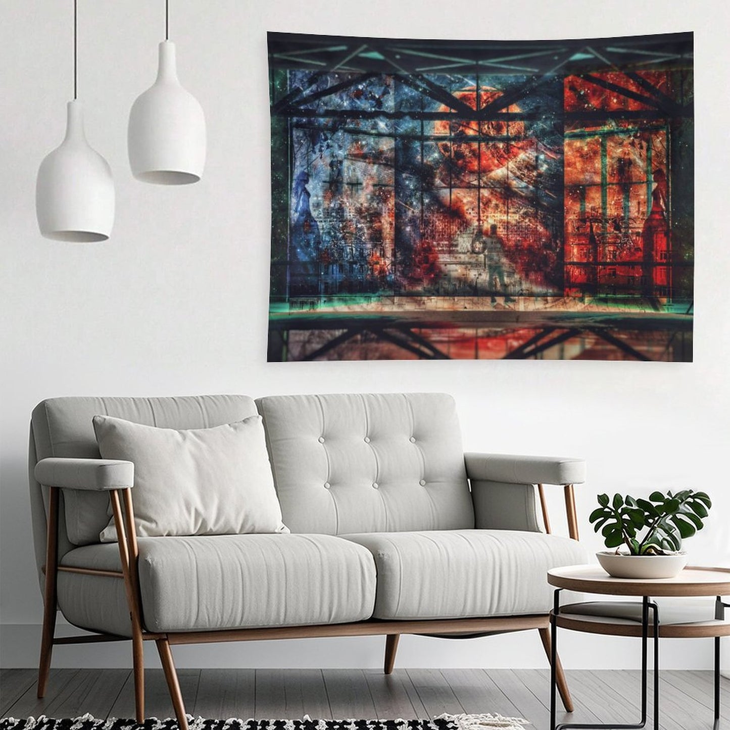 Our Shared Spaces psychedelic tapestry, a steel framed hall opening onto a red and blue starfield with one figure on the floor