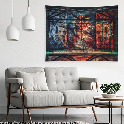 Our Shared Spaces psychedelic tapestry, a steel framed hall opening onto a red and blue starfield with one figure on the floor