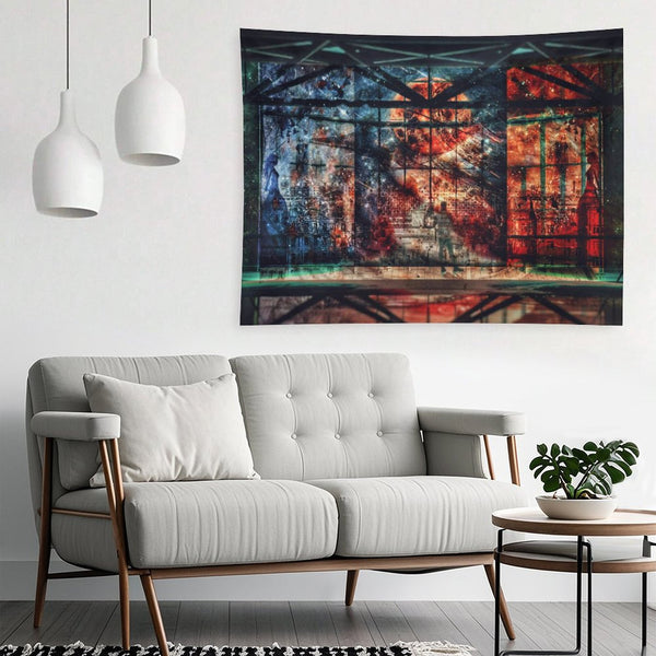Our Shared Spaces psychedelic tapestry, a steel framed hall opening onto a red and blue starfield with one figure on the floor