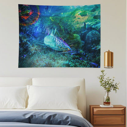 The Blue Meadow psychedelic tapestry, a reef floor in teal and green with a long patterned fish moving over the coral