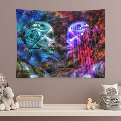 Two Minds psychedelic tapestry, two chrome faces turned toward each other in teal and magenta against a nebula