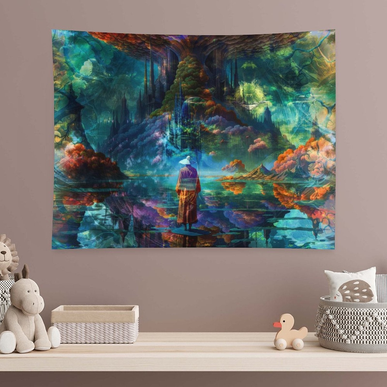 The Verdant Monolith psychedelic tapestry, a robed figure at still water beneath a vast tree with coral colored foliage